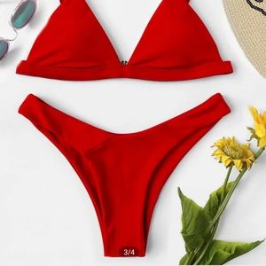 NWT- Shein Solid Highcut Bikini- Red - Small (US 4)